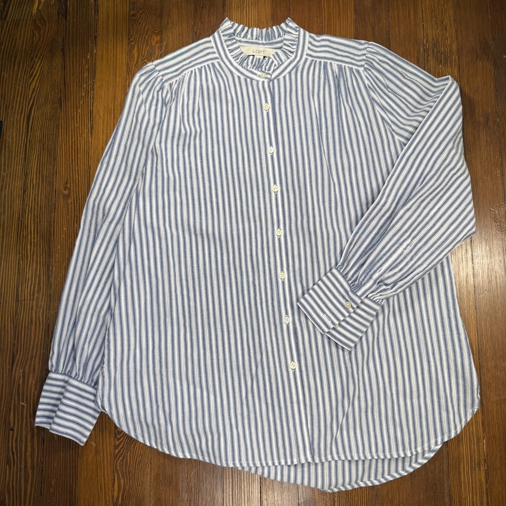 Loft Striped Ruffle Collarless Button Down Shirt - image 1